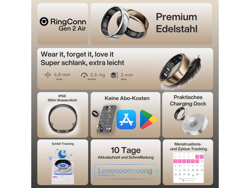 RingConn Smart Ring Gen 2 Air Grösse 12 Gold Ultradünner Smart Ring mit Gesundheitsüberwachung