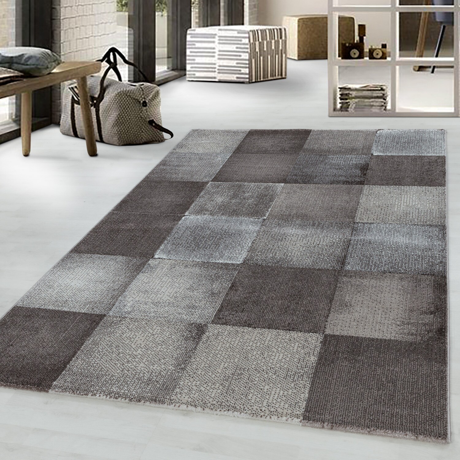 Designer Kurzflor Teppich in Modernem Karo Design - Meliert und Pflegeleicht