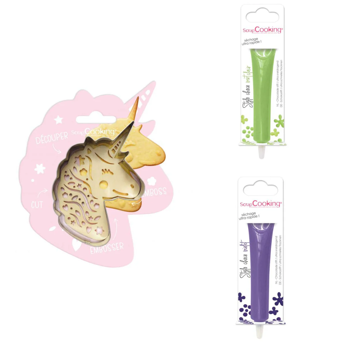 Kit pour biscuit en relief Licorne + 2 Stylos au chocolat vert clair e