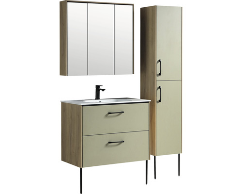 Badkamermeubelset Difference Poten BxHxD 90 x 160 x 45,5 cm Frontkleur fjordgroen met wastafel keramiek wit