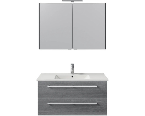 Pelipal Cavallino badkamermeubelset, BxHxD 100 x 200 x 46 cm, fronten in grafietstructuur, met witte keramische wastafel, wastafelmeubel met greep en spiegelkast met ledverlichting