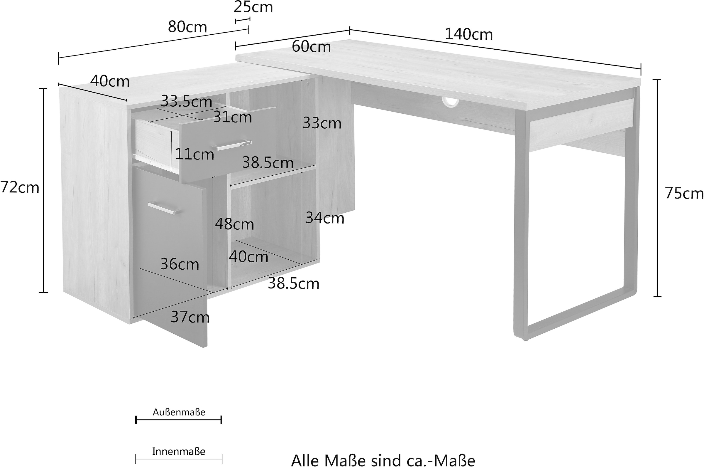 PLACES OF STYLE Eckschreibtisch »Moid, Computertisch, Kabeldurchlass, mit Regalfächern,« Schublade und Tür, flexibles Regalelement, 140x82-115 cm