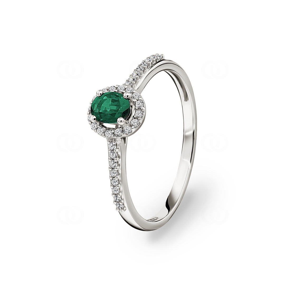 Damenring 750/18 K Weissgold mit Smaragd oval und Diamanten 0.12 ct H/si