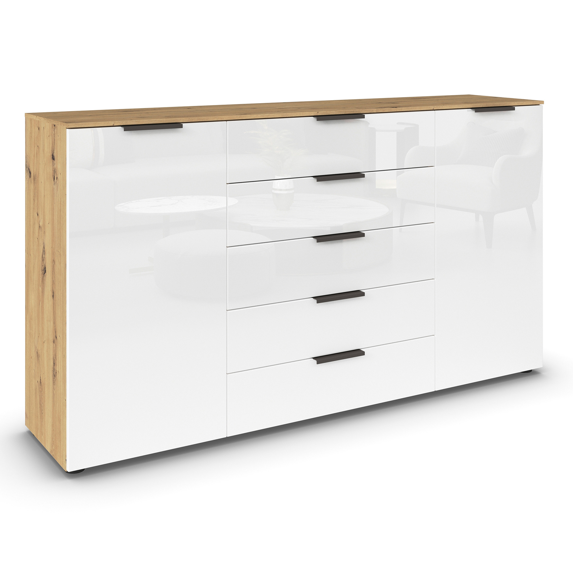 Kommode - Artisan Eiche-Kristallweißglas - Graphitgriffe - 180 cm