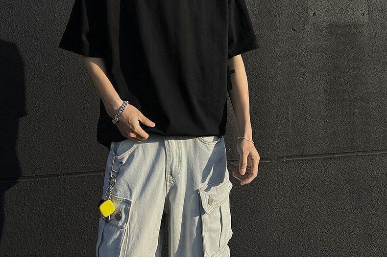 Omozando - T-shirt met korte mouwen, ronde hals, verlaagde schouders, effen ritsdetail en oversized model