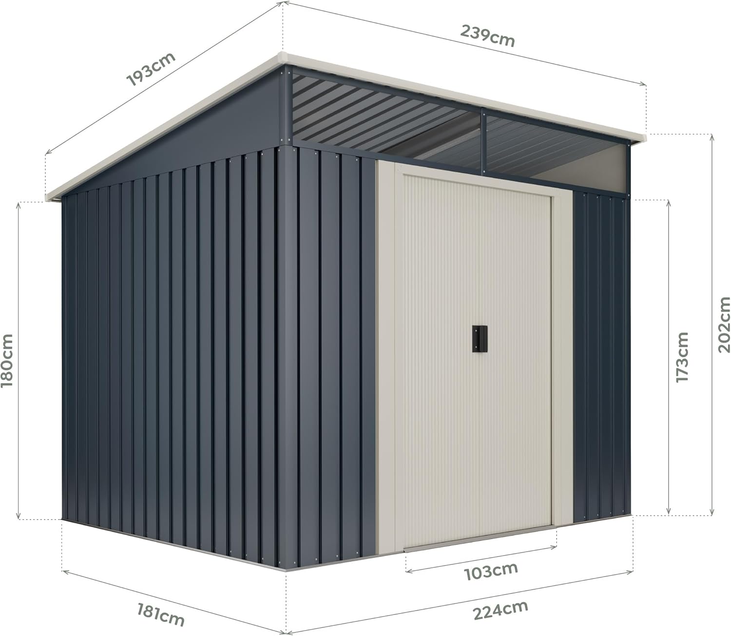 Wasabi - Gartenhaus Metall 4,6m2 Stark – 238 x 193 x 203cm - Oberlicht - Doppelte Schiebetür – Anthrazitgrau – Geräteschuppen XL – Gerätehaus Outdoor Wetterfest