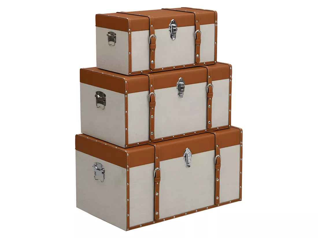 Lot de 3 malles en bois de sapin et MDF - Revêtement en simili et tissu - 3 tailles - Marron et taupe- JACINTO