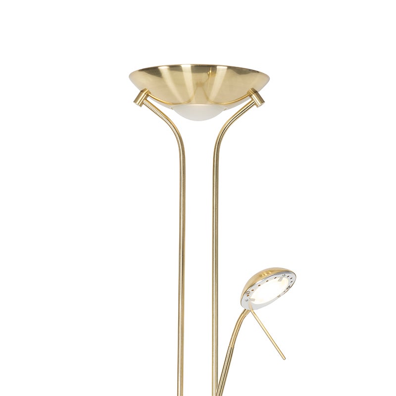 QAZQA - Moderne vloerlamp | Staande lamp | Vloerlamp | Lamp | Messing lamp met leeslamp incl. LED dimbaar - Diva Dimmer | Dimbaar | Woonkamer | Slaapkamer | Uplighter - Staal, Langwerpig