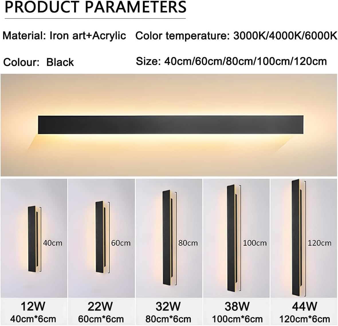 LED Wandleuchte Innen Dimmbar,38W Wandlampe mit Fernbedienung 2.4GHz,10-100% Helligkeitseinstellung Wandleuchte Schwarz für Schlafzimmer Wohnzimmer Korridor Treppenhaus,100CM 110-240V