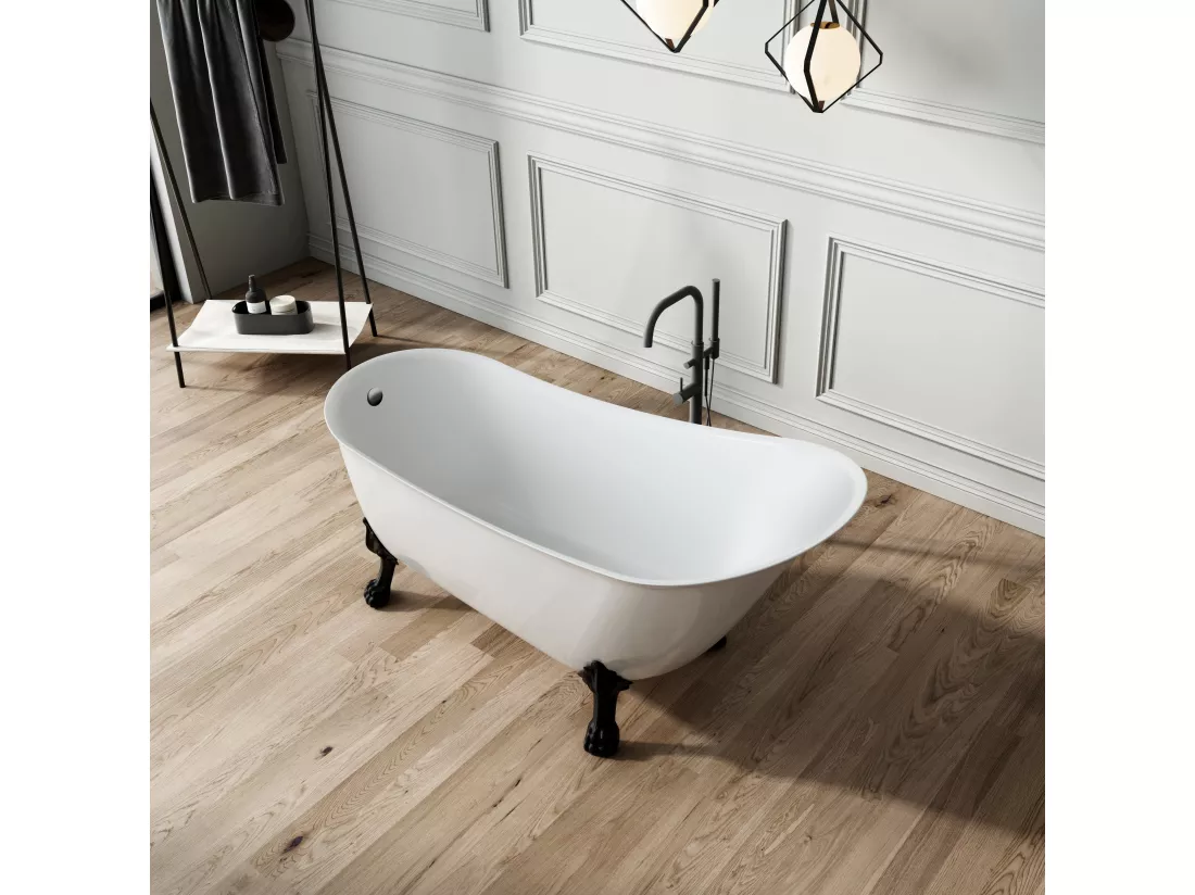 Baignoire ancienne rétro sur pieds BALMAIN Blanche 161 cm Pieds de Lion Bronze jaune vieilli