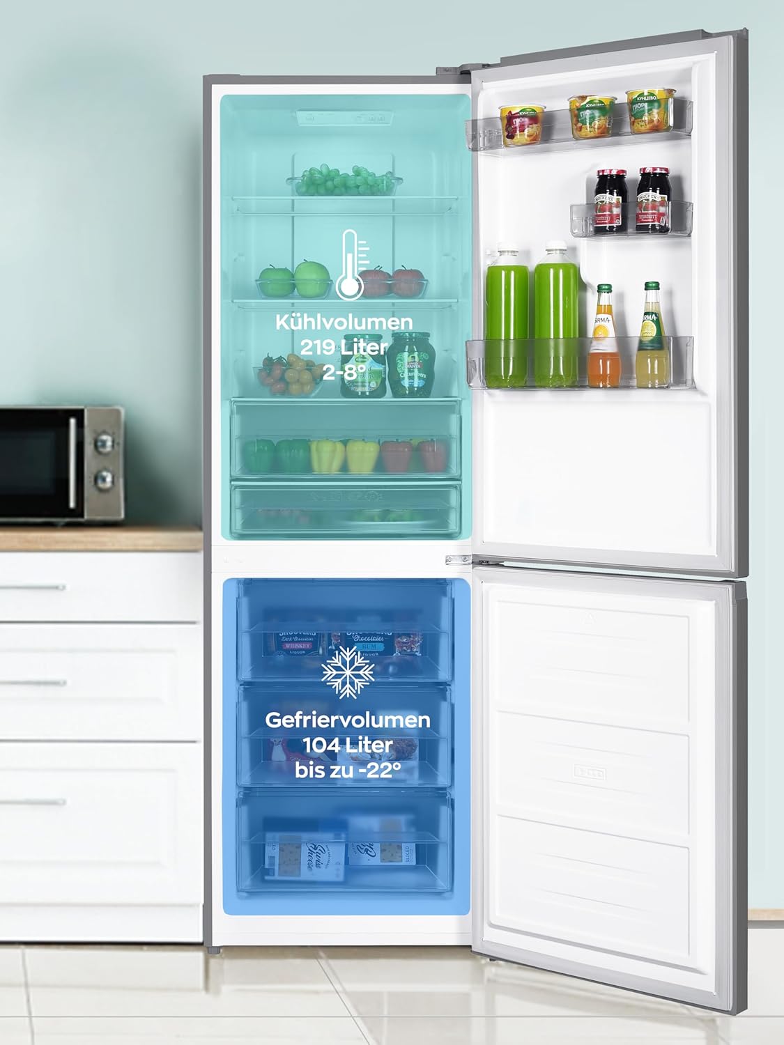 Heinrich´s Kühlgefrierkombination 323L, Kühlvolumen 219L, Gefriervolumen104L, LED Beleuchtung, Türanschlag wechselbar, leise 39 dB, große Tiefkühlboxen, 7 Temperaturstufen, Inox, effizient