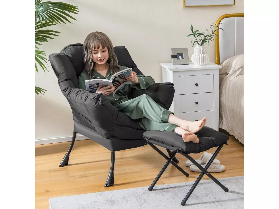 Fauteuil Salon Scandinave avec Repose-Pieds, Fauteuil Relax avec Oreiller et Poche Latérale, Fauteuil Chambre Confortable pour Lecture, Cadre en Métal pour Charger de 150 KG, Gris