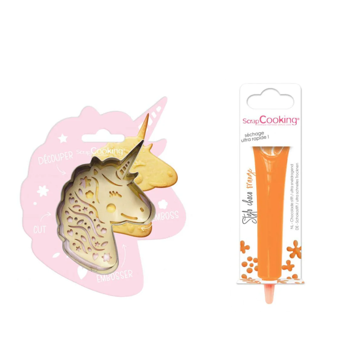 Kit pour biscuit en relief Licorne + Stylo au chocolat orange Scrapcoo