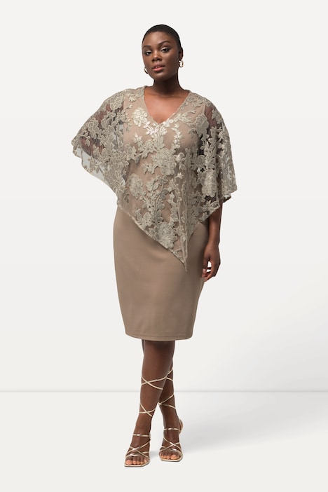 Kleid, Überwurf, Pailletten, V-Ausschnitt, 3/4-Arm