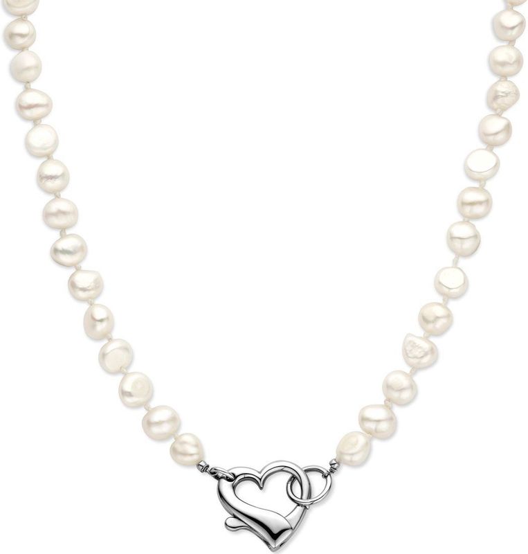 Zilver - Gerhodineerde Collier - Parels en Hart - 9 mm - 45 cm