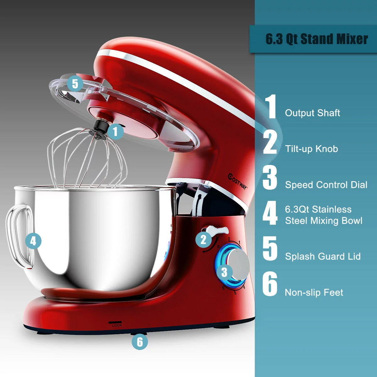 Batedeira de pedestal Costway de 6 velocidades, 660 W, com gancho para massa e batedor de arame, 6,3 qt (6,3 litros), branca.