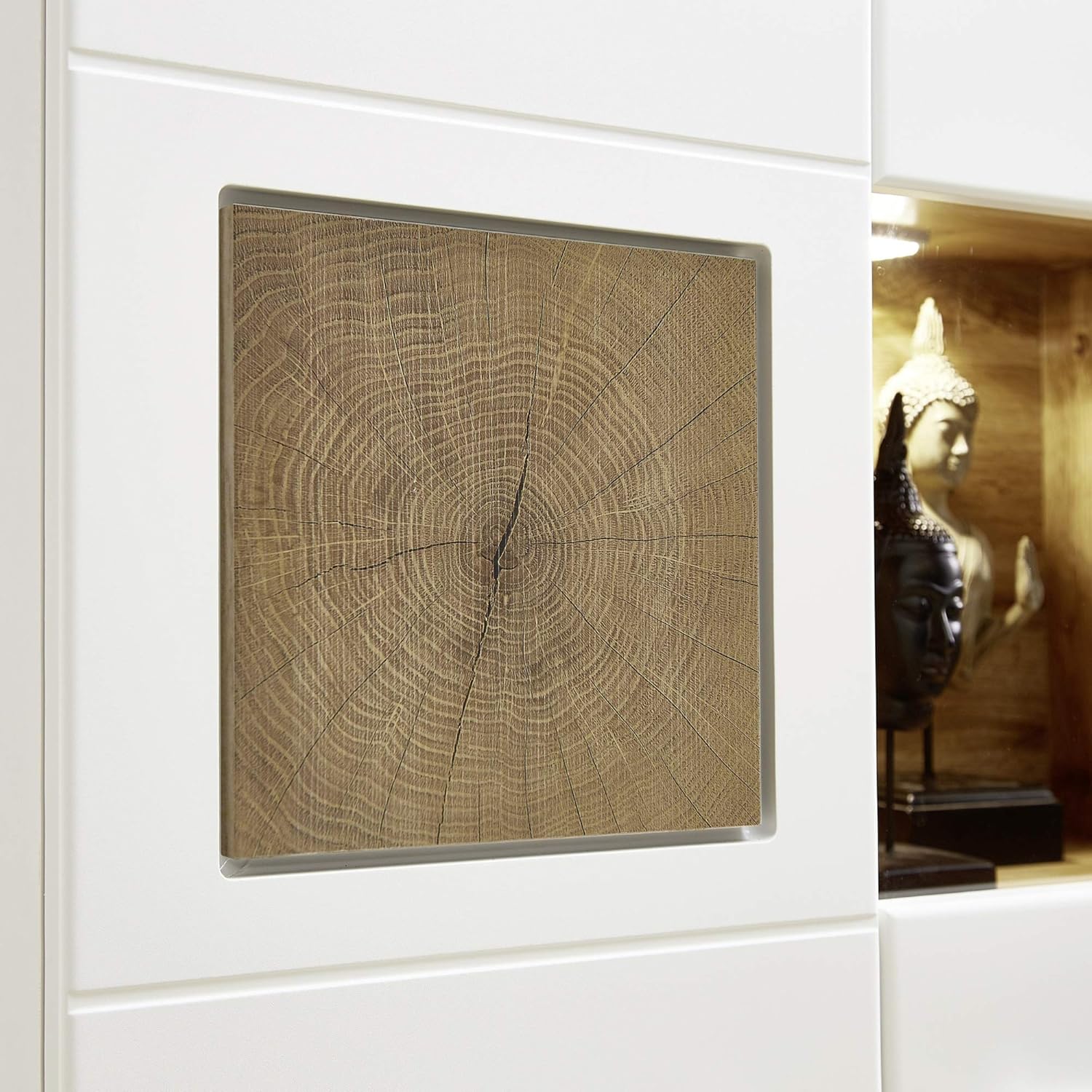 Stella Trading Fun Plus Große Vitrine weiss mit schönen Hirnholz-Applikationen - Moderne Glasvitrine inkl. LED Beleuchtung - 65 x 205 x 37 cm (B/H/T)