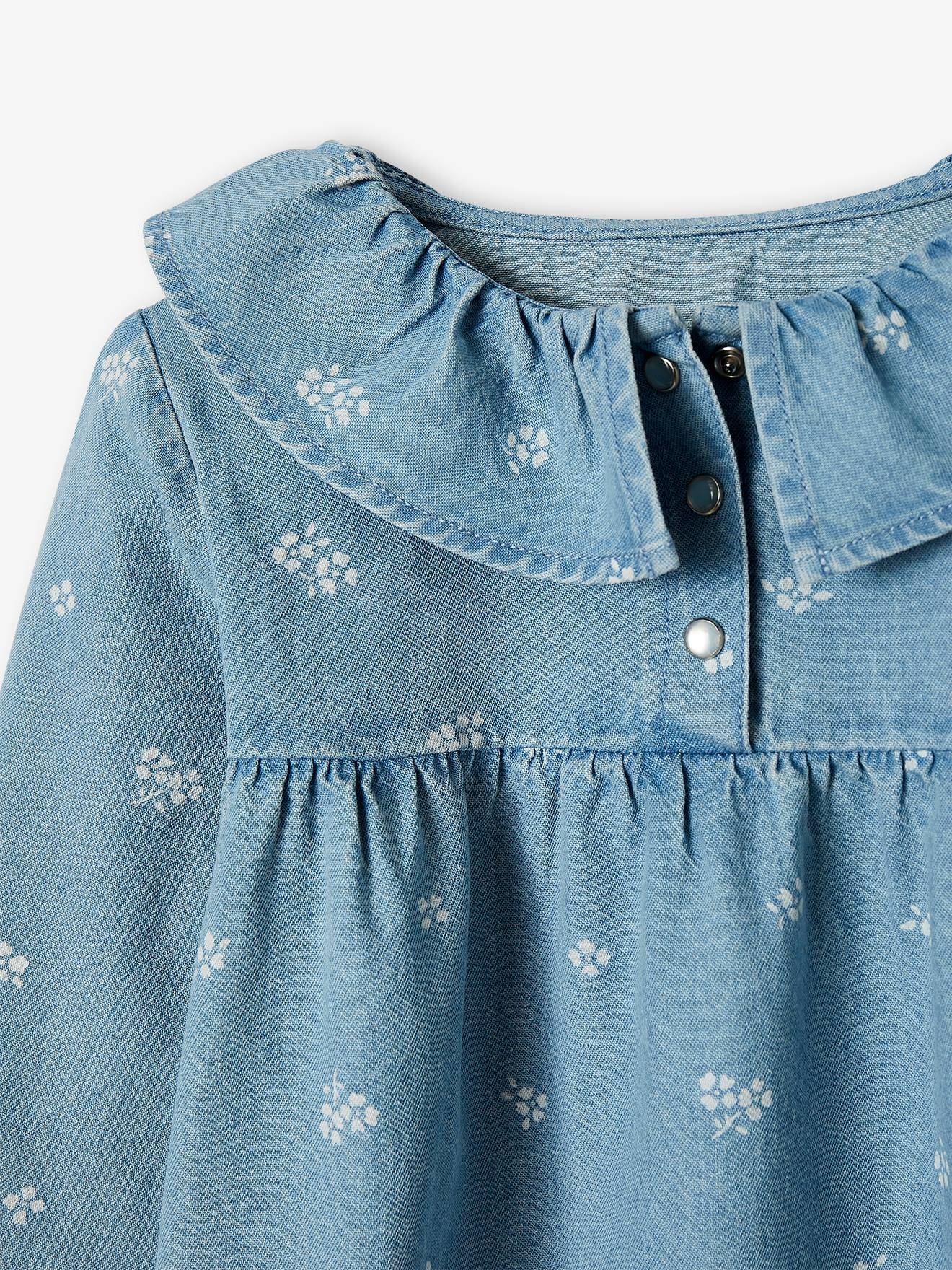 Camisa jeans com gola floral para meninas, estampa dupla