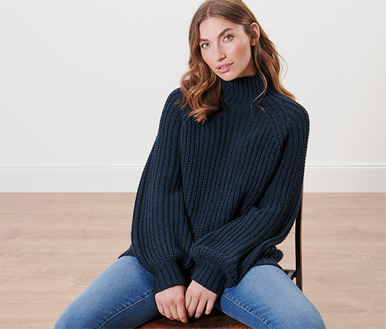 Strickpullover mit Stehkragen, dunkelblau