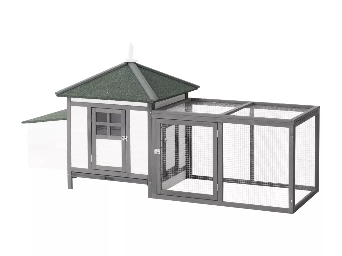 Poulailler cottage multi-équipement perchoir rampe pondoir enclos tiroir à déjection 196L x 76l x 97H cm bois massif pin gris blanc