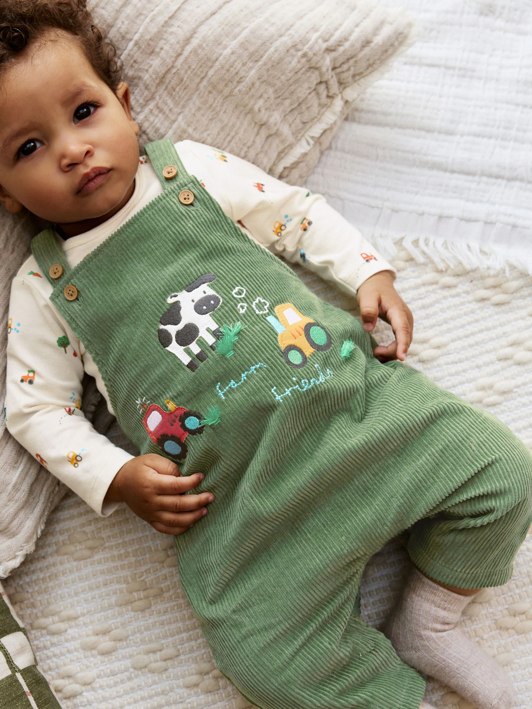 Groen met boerderijprint - Babyset van tuinbroek en rompertje (0mnd-2jr)