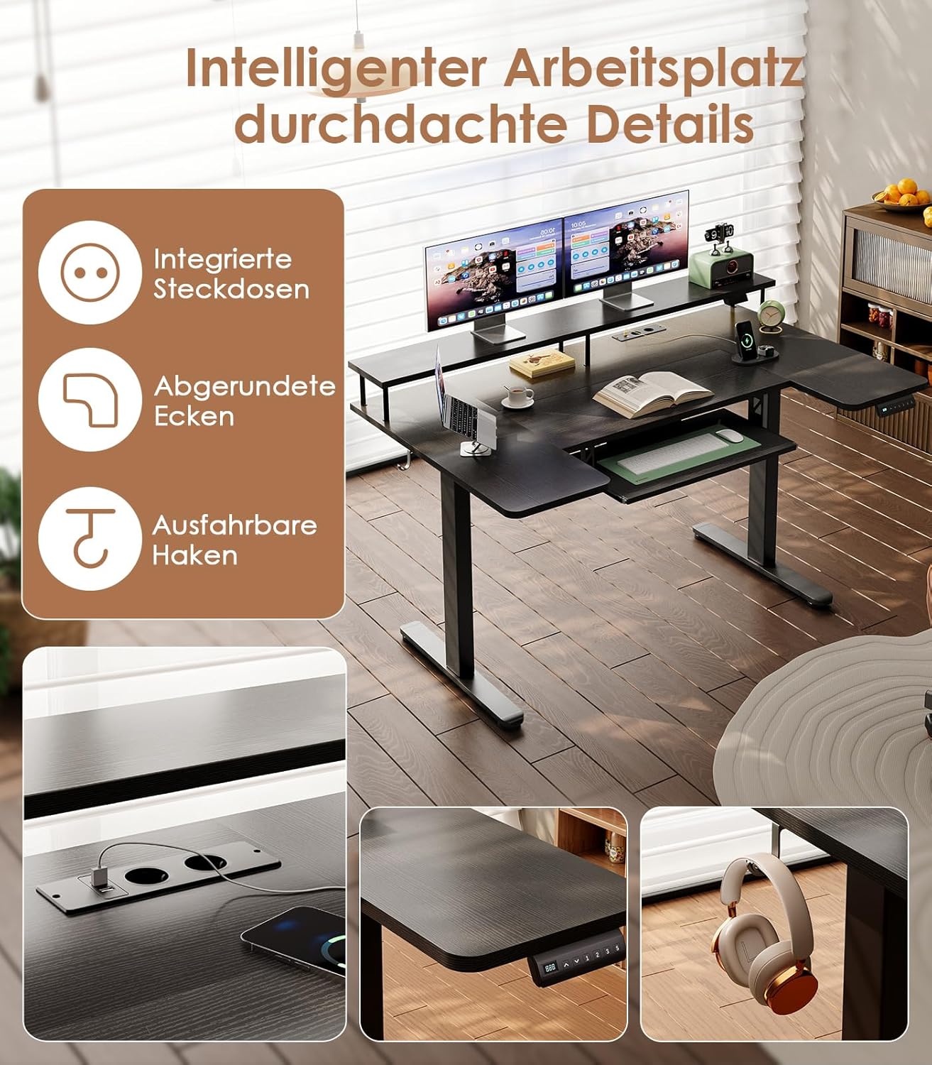 OffiGo U-förmiges Höhenverstellbarer Schreibtisch, 140 cm Elektrischer Steh-Sitz Tisch mit Monitorständer, Steckdosen & USB-Ladeanschluss, Standing Desk mit LED, Gaming & Office Computertisch, Schwarz
