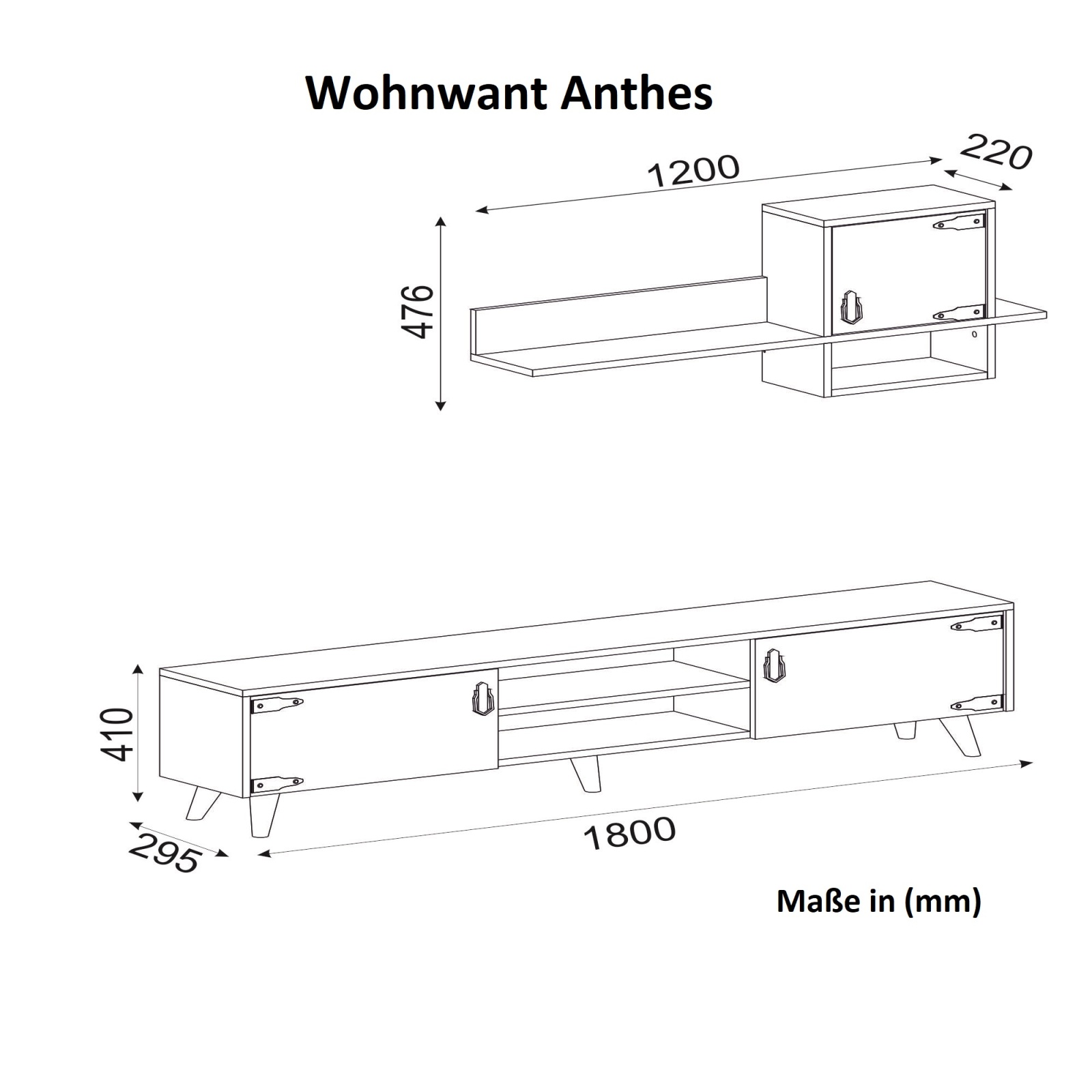 2-teilige Wohnwand - Walnuss - mit Metallgriffen