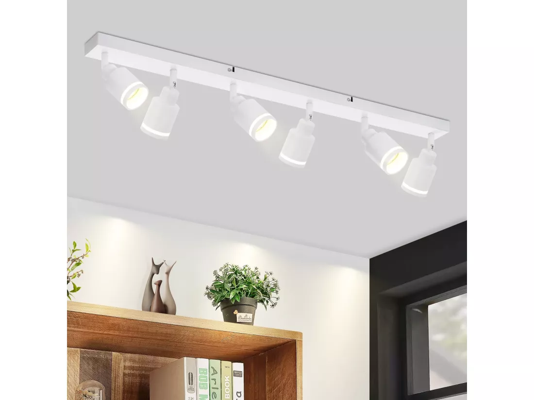 NETTLIFE Plafonnier Blanc moderne : 6 spots de plafond orientables, en métal, GU10 pour bureau, chambre, salle à manger, sans ampoule