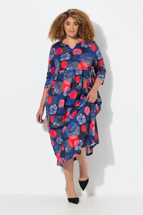 Jerseykleid, A-Linie, Tunika-Ausschnit, 3/4-Arm, Taschen, schwarz
