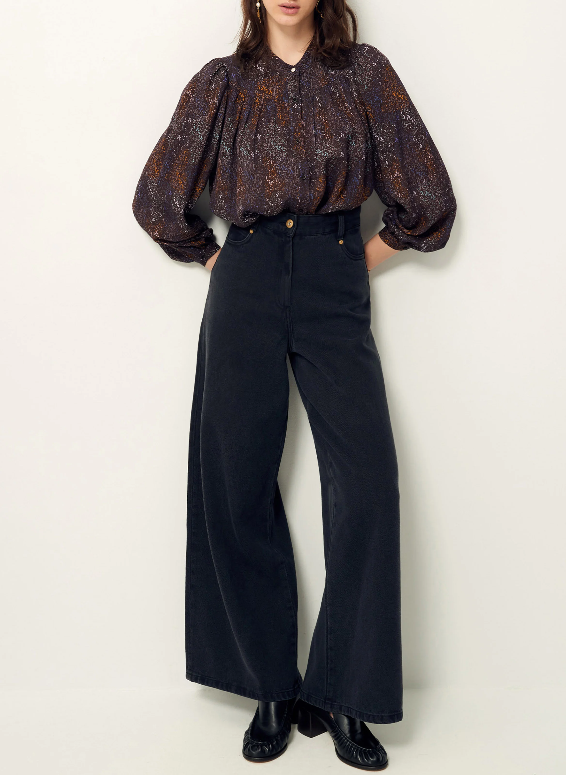 LEONCE - Blouse col rond droit imprimée | Bleu