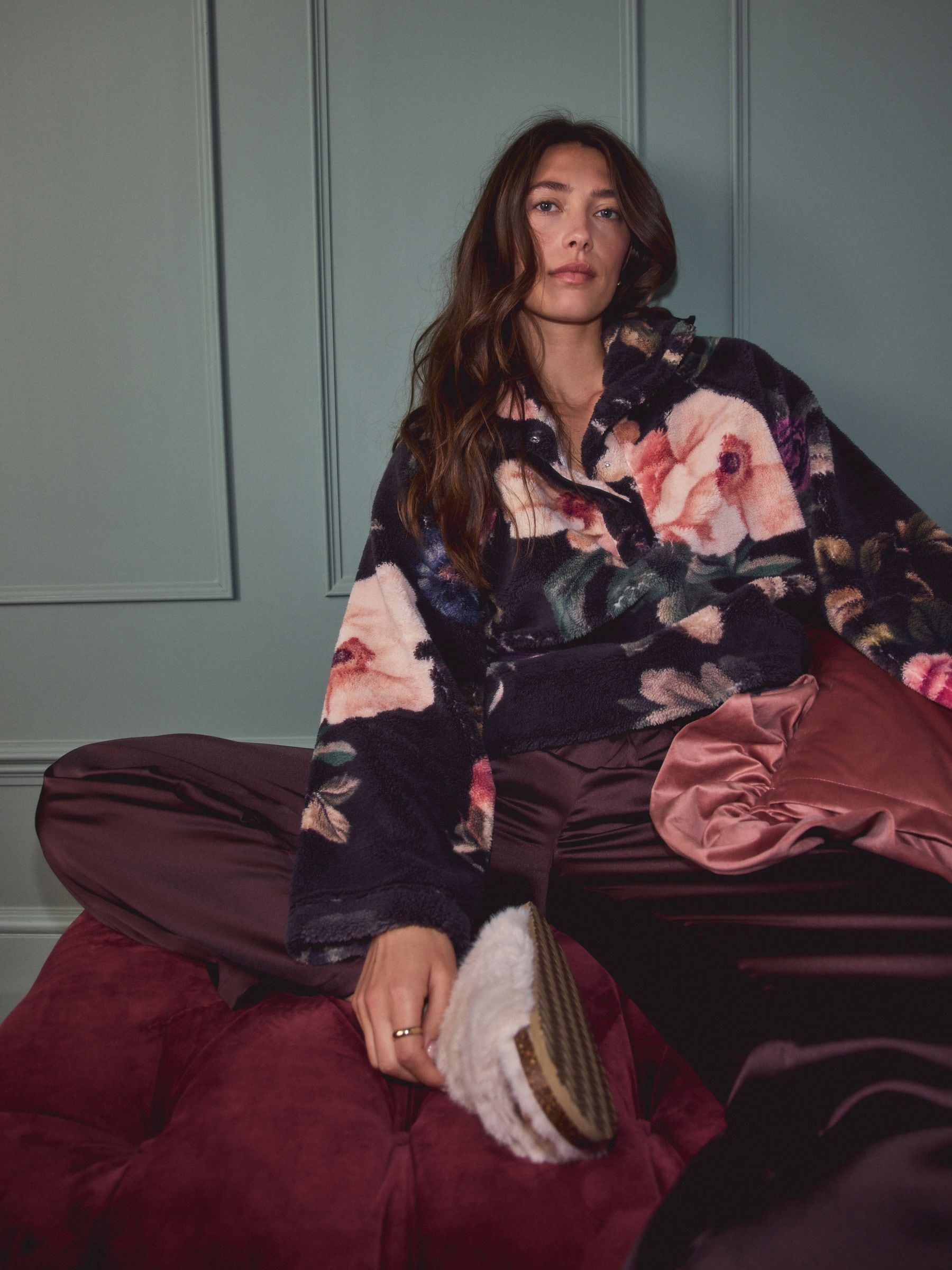 Zwart bloemenprint - Printed Borg Fleece Top