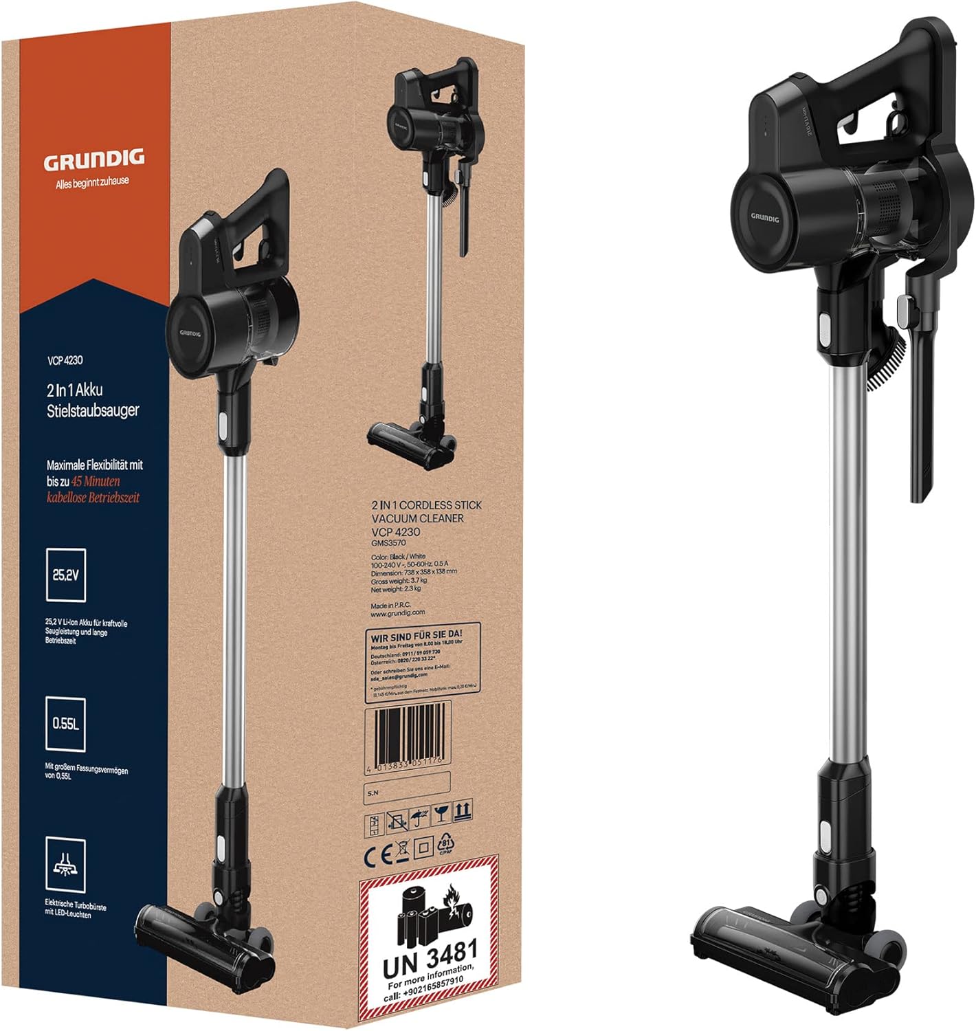 GRUNDIG VCP 4230 2-in-1-Akku-Stielstaubsauger, 2 Saugkraftstufen, 150 Watt Motor, 25, 2 Volt Li-Ion Akku, 550 ml Staubaufnahmevolumen, bis zu 45 Minuten Betriebszeit, 80 Dezibel, Weiß / Schwarz