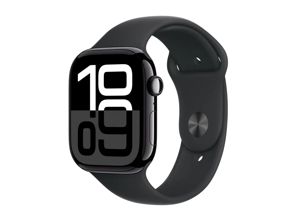 Apple Watch Series 10 (GPS) - 46 mm - jet sort aluminium - smart ur med sportsbånd - fluoroelastomer - sort - båndstørrelse: M/L - 64 GB - Wi-Fi 4, UWB, Bluetooth - 36.4 g