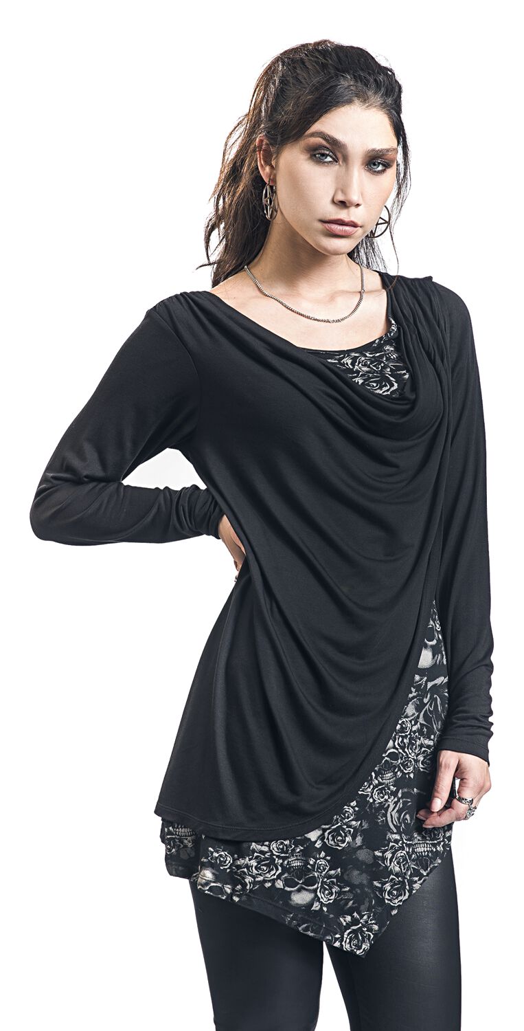 Haut Manches Longues Noir Avec Col Cascade & Imprimé | Black Premium by EMP T-shirt manches longues