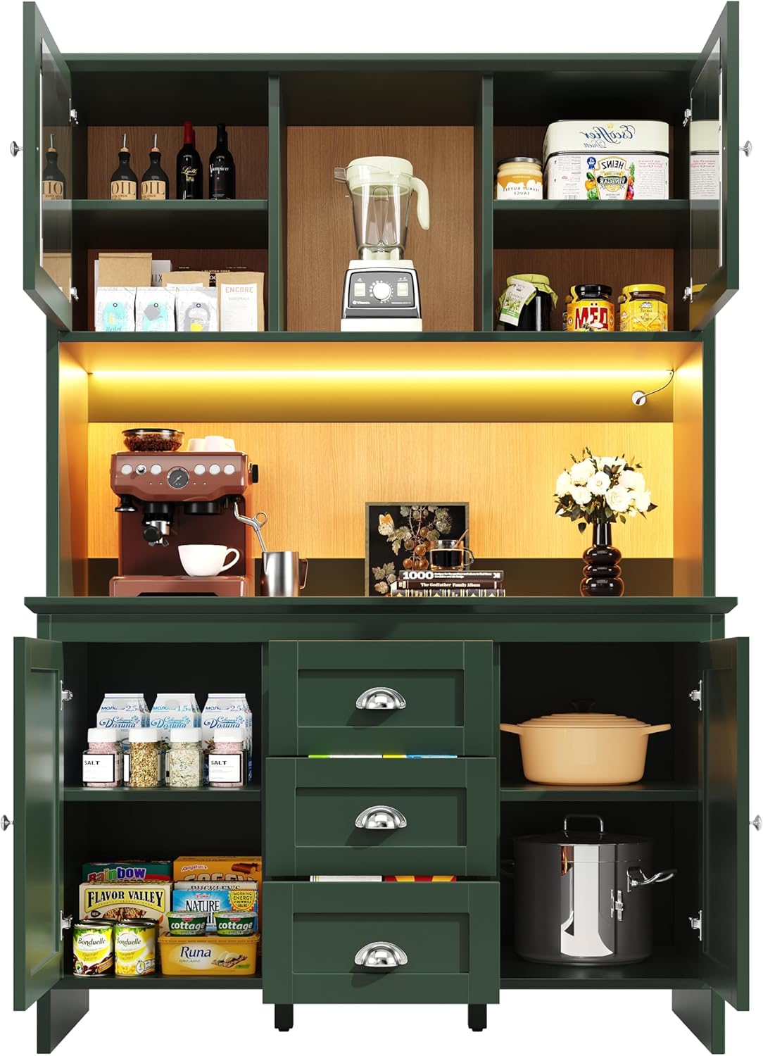 Buffetschrank, Hochschrank, Küchenschrank, Sideboards, mit Braunen Glastüren und LED-Beleuchtung, 4 Türen & 3 Schubladen, für Küchen Esszimmer, 120x40x179cm (Grün)