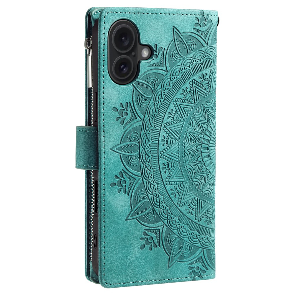 iPhone 16 Leder Tasche Flip Cover mit Reissverschluss - Mandala Flowers Imprint - Türkis