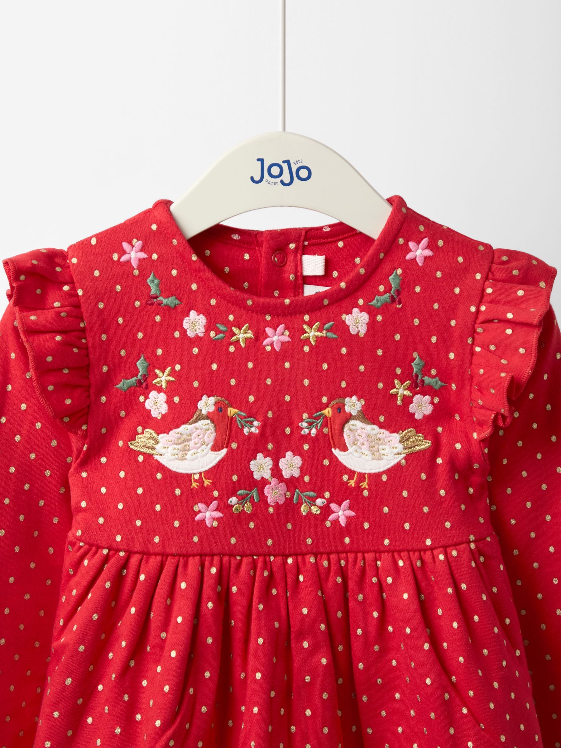 Rood met roodborstje - JoJo Maman Bébé Kerstmis jurk met schouderruches en appliqué