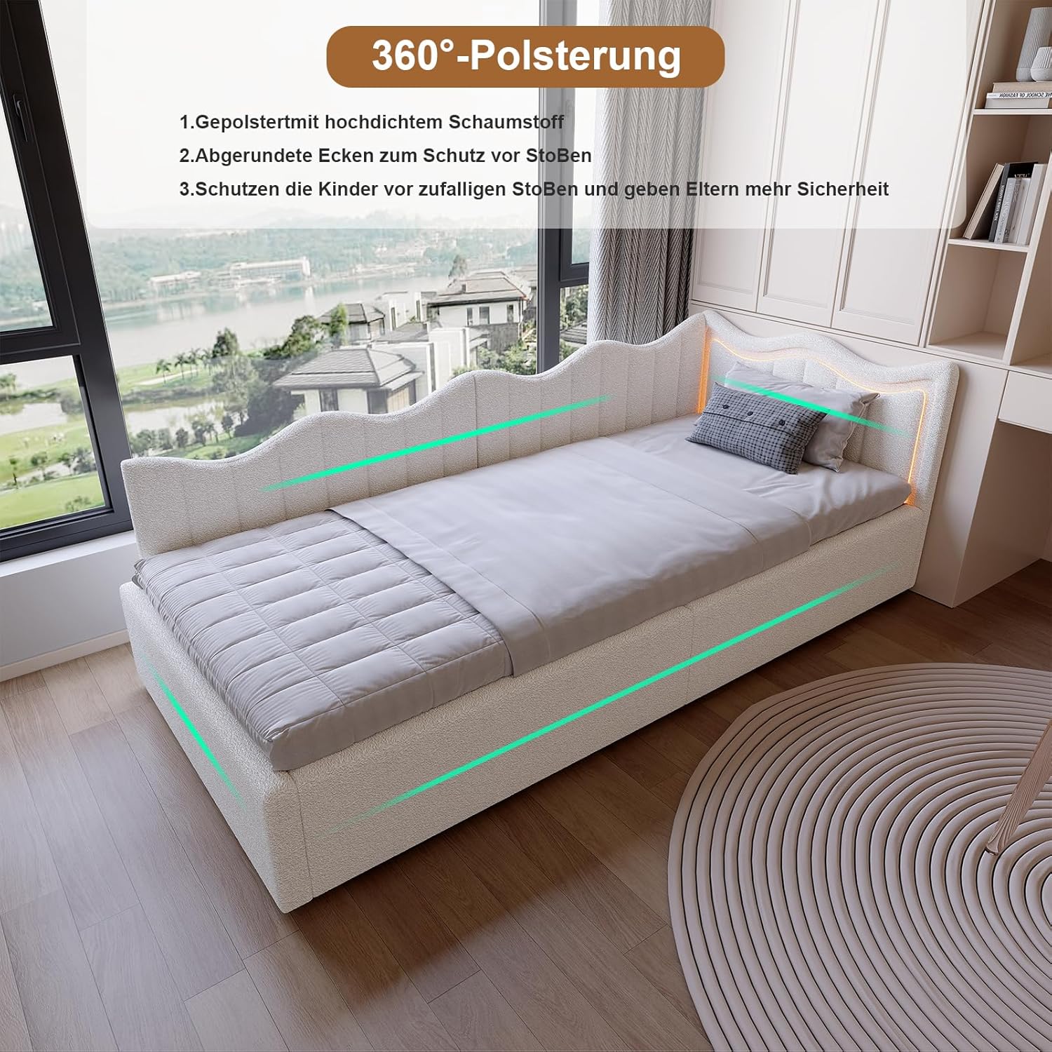 Polsterbett Kinderbett 90x200 mit LED-Beleuchtung,Jugendbett 90x200 mit Hydraulischer Stauraum, Schlafsofa Einzelbett Daybett Tagesbett Gästebett Bettgestell mit Lattenrost,Ohne Matratze