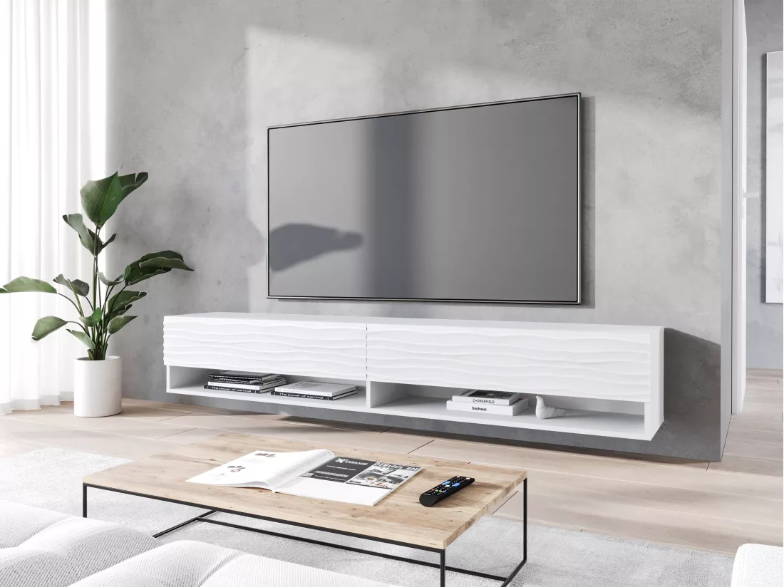 Meuble TV - 180 cm - blanc avec façade à motif ondulé - sans LED - WANDER