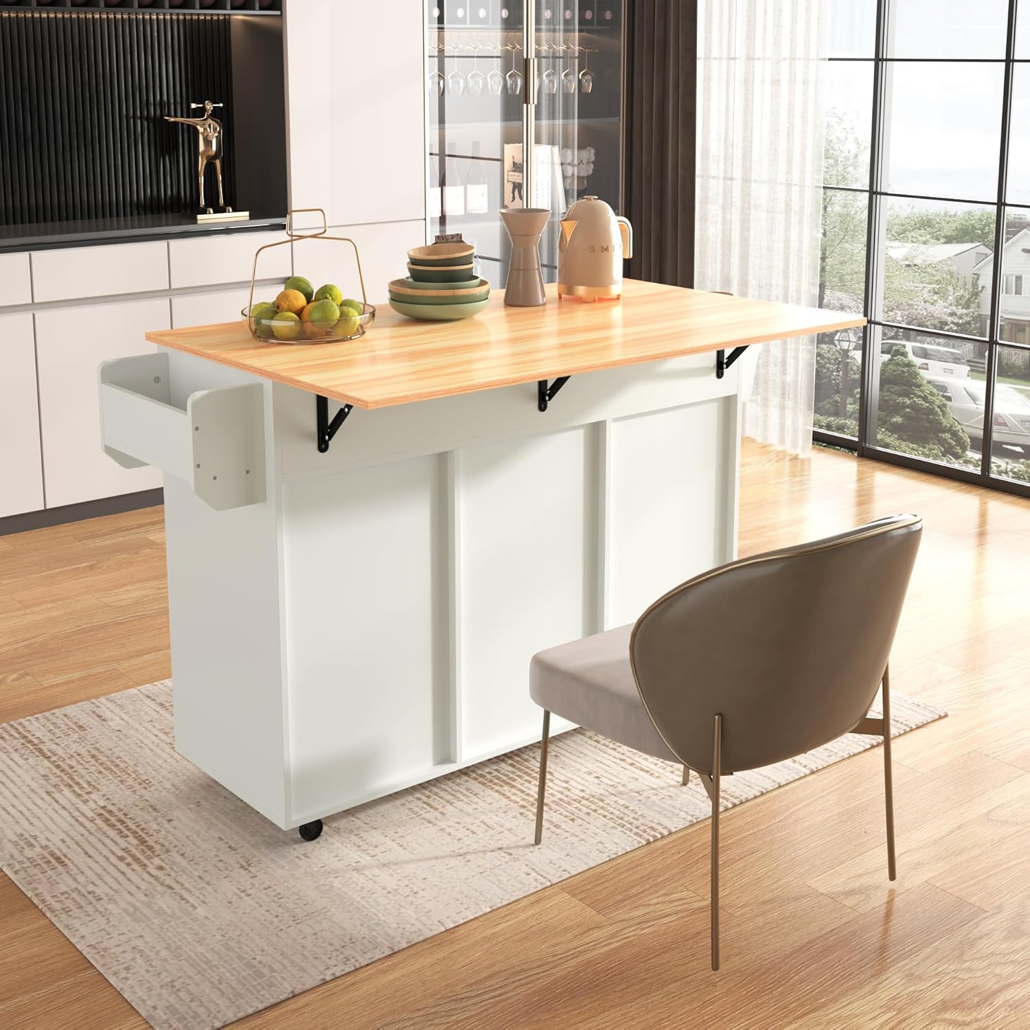 Küchenschrank mit Klappbarer Arbeitsplatte ,Kücheninsel freistehend auf 5 Rollen und 3 Schubladen Mobiler Sideboard Storage küchenschränke für Küche und Esszimmer 139x46(71) x91,5 cm(Weiß)