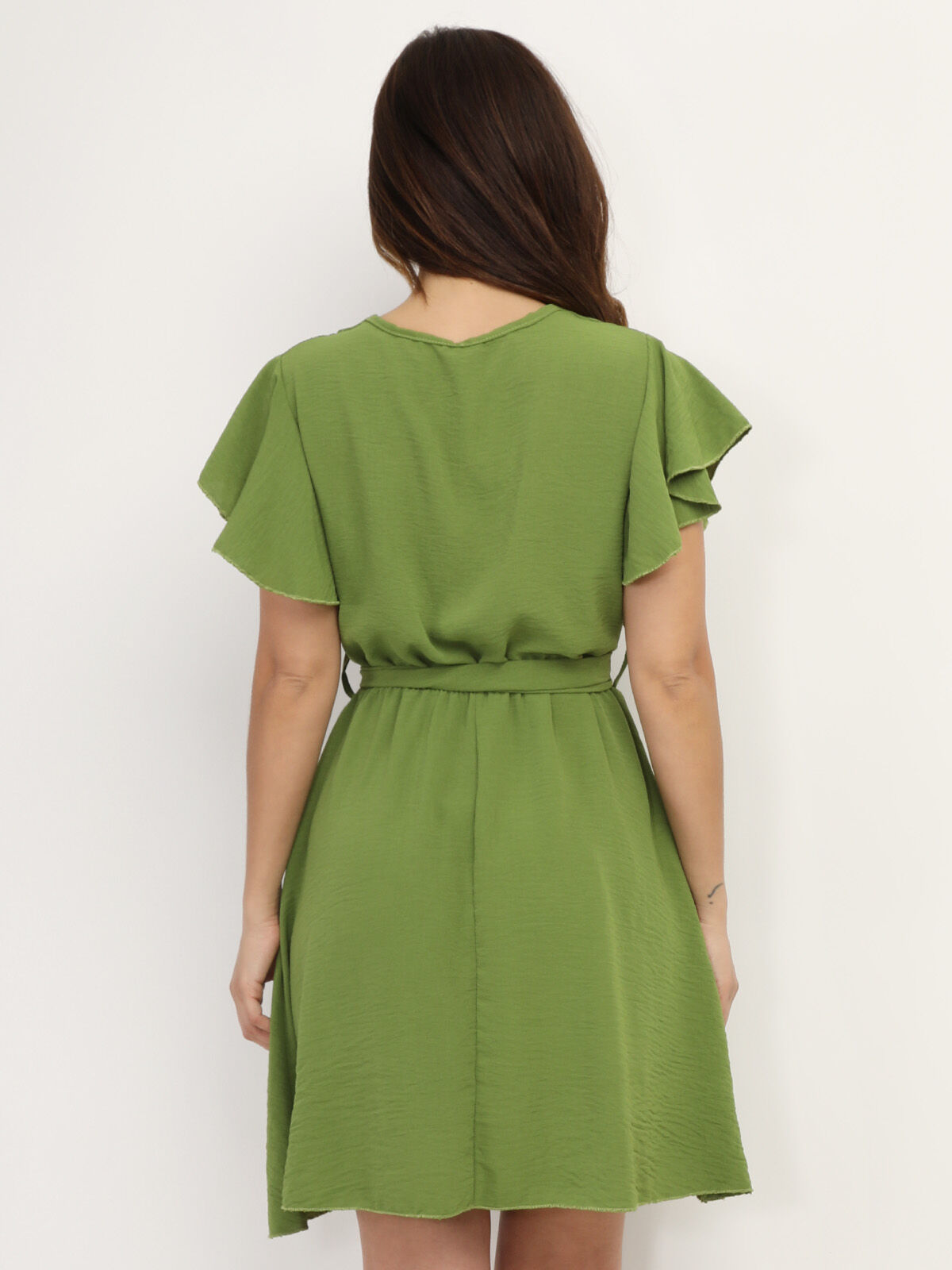 Robe cache-cœur ceinturée à volants- Vert olive