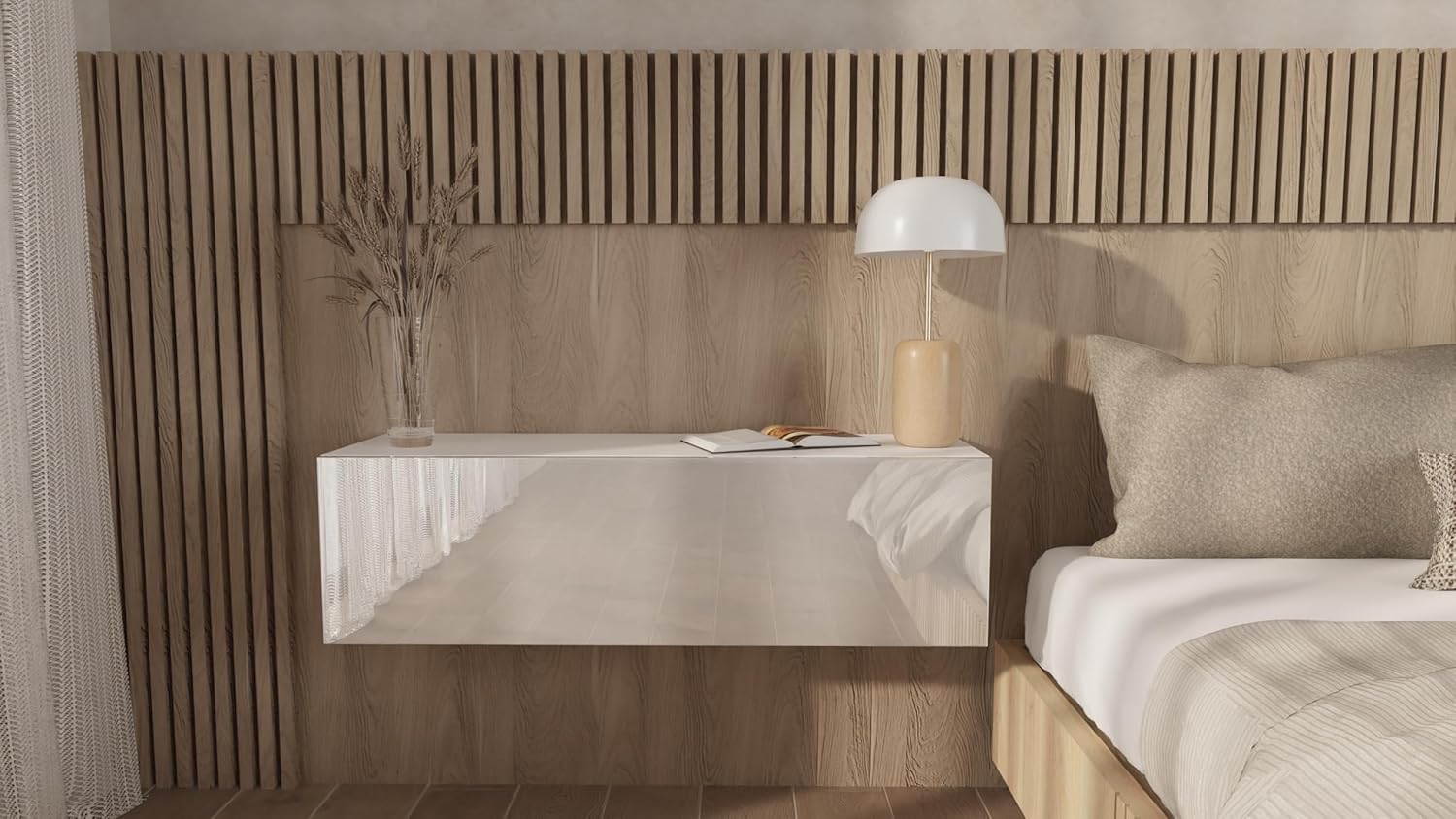 PLATAN ROOM Wandregal 105 cm breit hängende Nachtkommode Wandboard Nachttisch 2er Set Schweberegal Hängeregal Matt oder Hochglanz (1 Stück, Weiß Matt/Weiss Hochglanz)