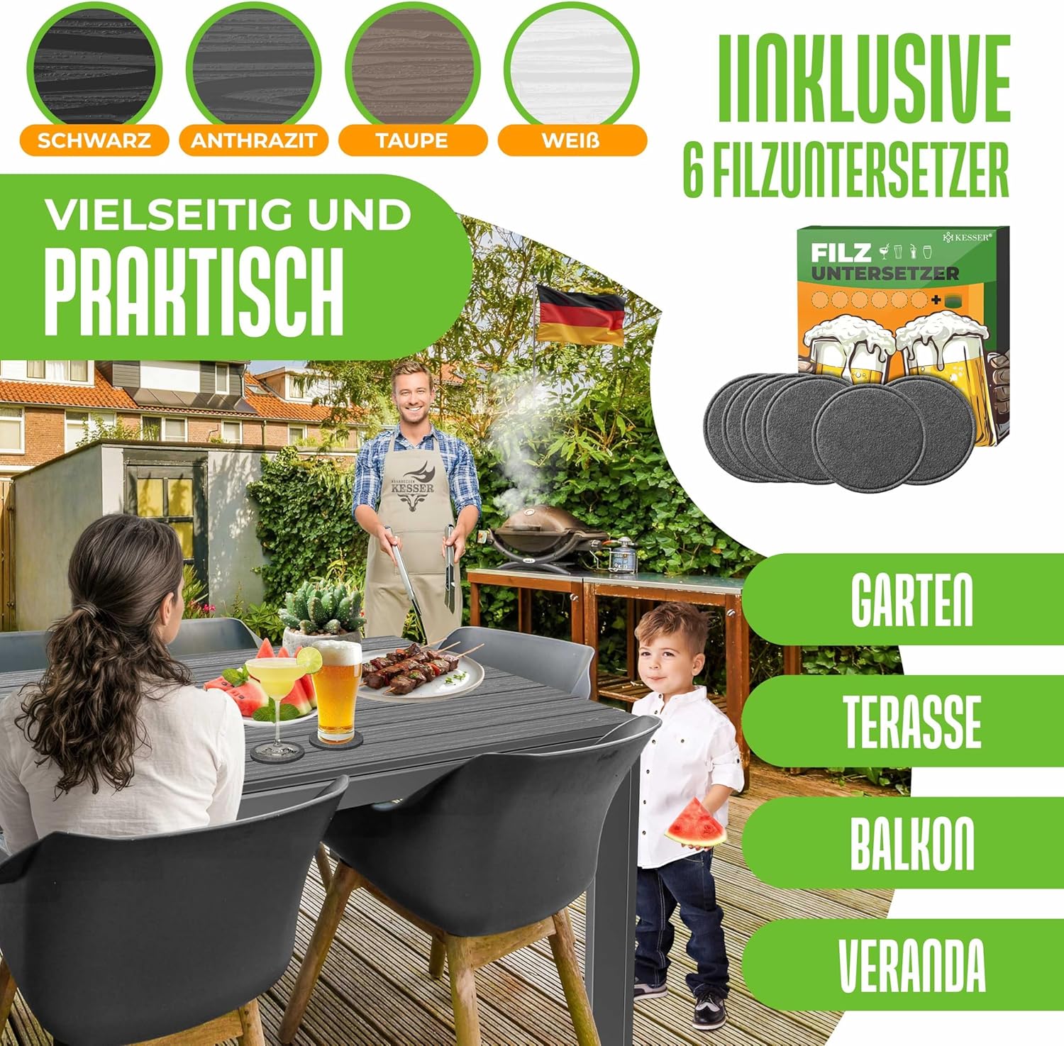 KESSER® Gartentisch 156x78cm für bis 6 Personen Esstisch Wetterfest & UV-Beständig | Outdoor Tisch mit pulverbeschichteter Stahl-Gestell & Kunststoff Tischplatte in Holz-Optik inkl. 6 Filz-Untersetzer