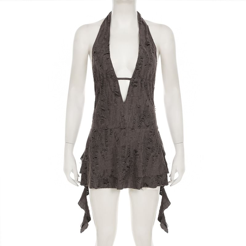 BrickBlack - Halter V-hals effen A-lijn minijurk met distressed effect
