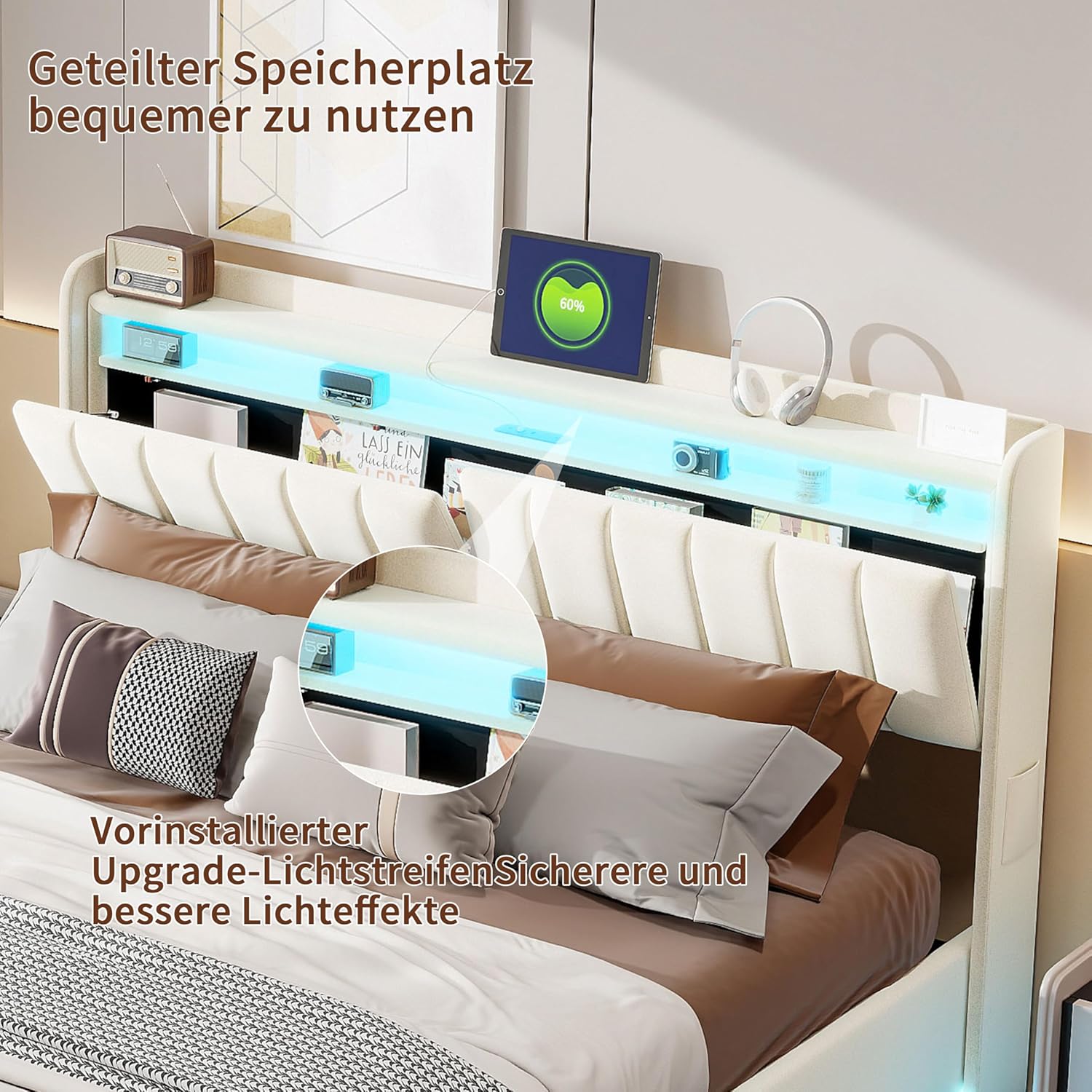 Polsterbett 140x200 mit Stauraum, Doppelbett mit LED/USB, Hydraulisch Stauraumbett, Jugendbett mit kopfteil und Lattenrost, Bettrahmen für Erwachsene, Samt (Beige, 140 x 200 cm)