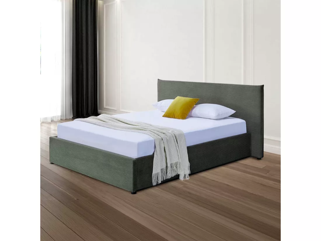 Somnus - Lit coffre rembourré en velours côtelé, sommier à lattes 160x200 cm, vert