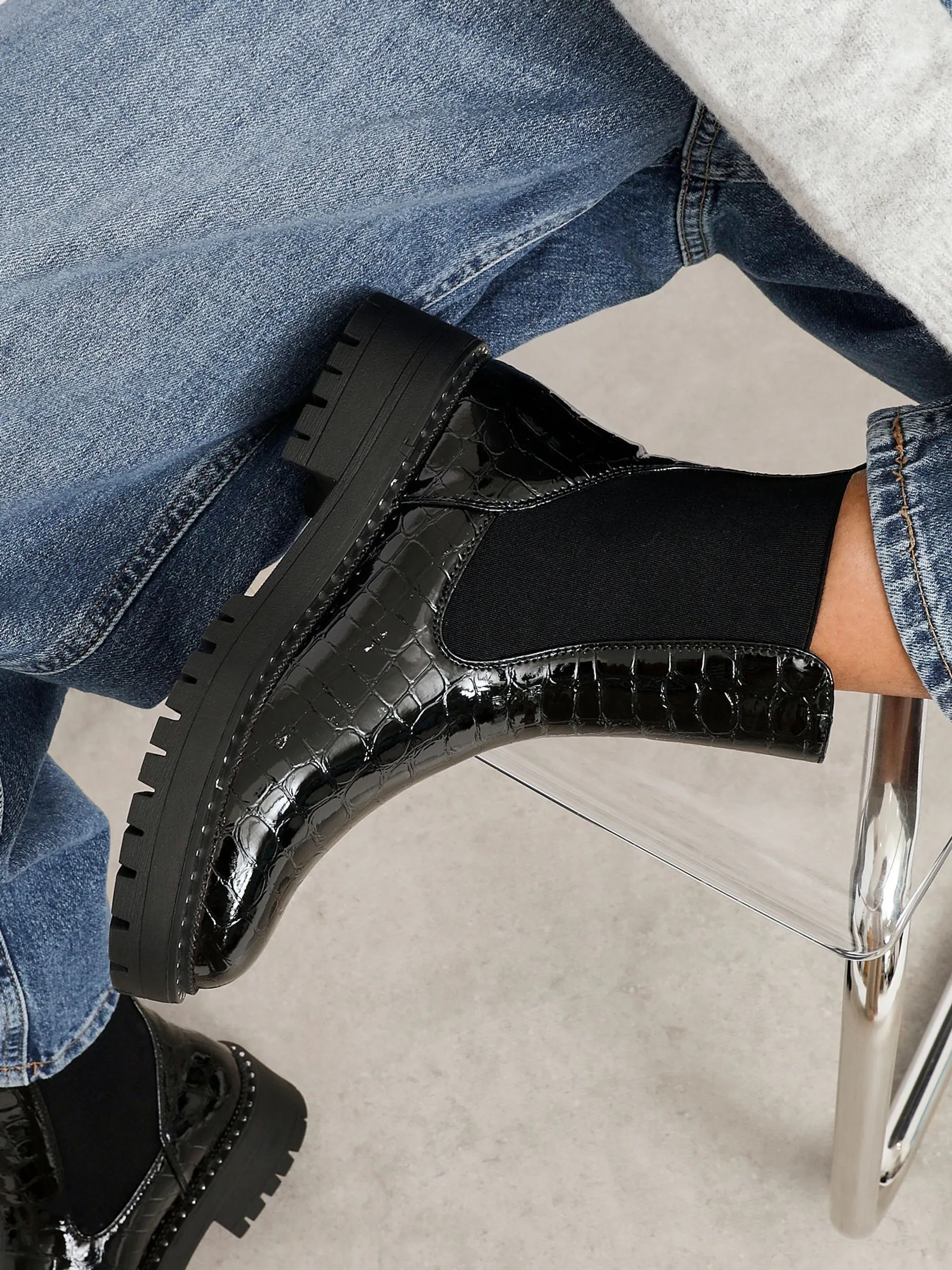 Linzi Landon Chunky Croc Mix Ankle Boots With Stud Detail Sole