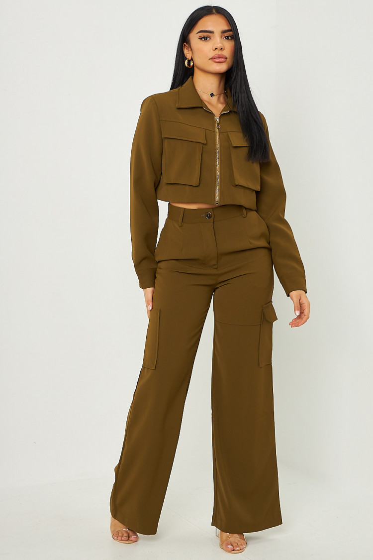 Ensemble 2 pièces veste courte + pantalon large poche cargo kaki