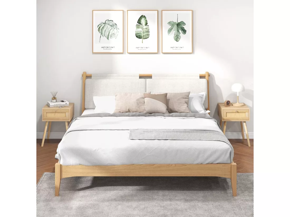 Table de Chevet en Rotin, Table de Nuit Bois avec Tiroir et 4 Pieds en Pin, Chevet de Lit pour Chambre, Salon, Style Naturel, 40 x 40 x 55 cm