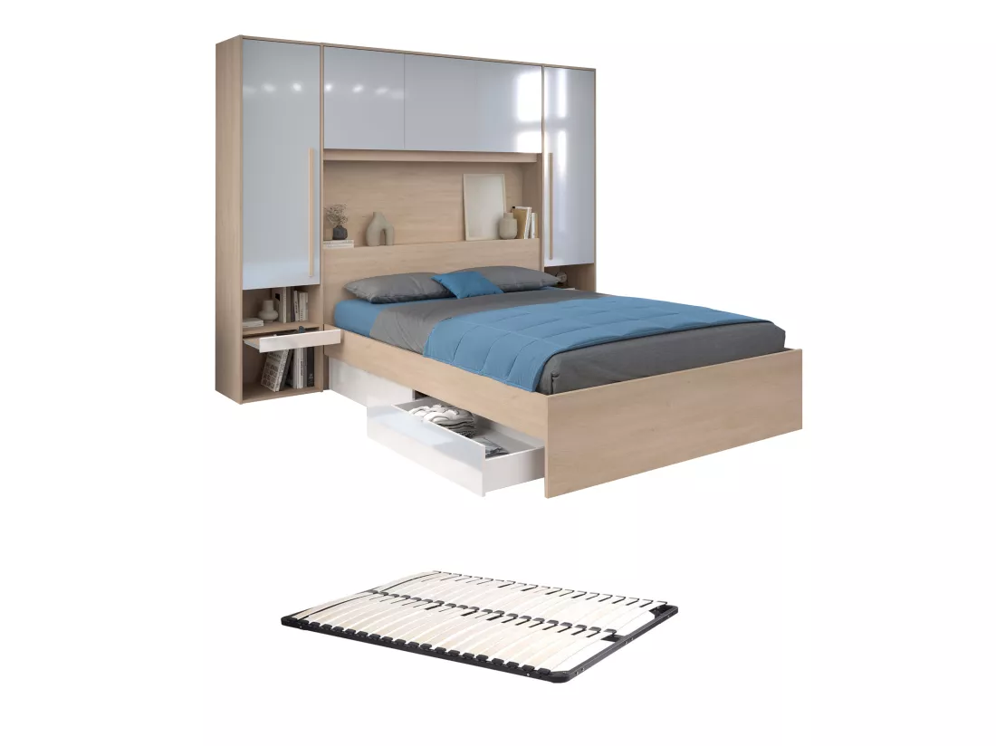 Lit pont 160 x 200 cm avec rangements - avec LEDs - Coloris : Naturel et blanc brillant + Sommier - VELONA